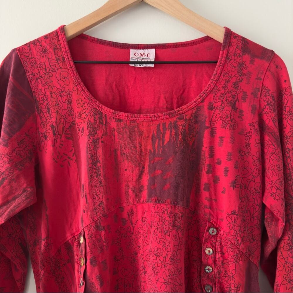 Vintage patchwork style button front Red babydoll… - image 3